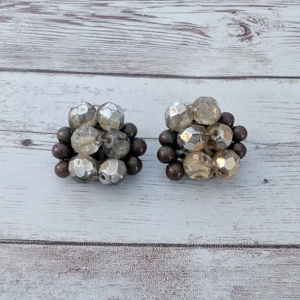 Vintage Clip On Earrings Large Cluster Brown - Fair Condition